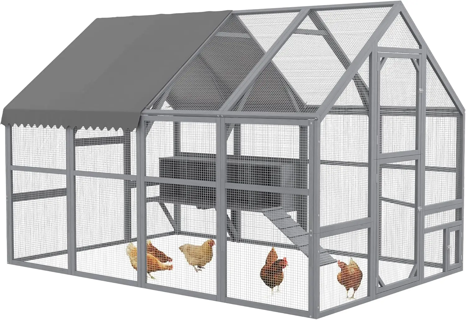 Large Chicken Run, Wooden Chicken Coop with Waterproof & Anti-UV Cover, Split Door, 4 Nesting Boxes, Roosting Bar, Walk