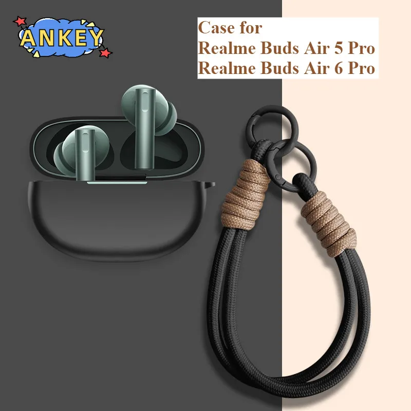 حافظة لهاتف Realme Buds Air 5 Pro 6 Pro مصنوعة من السيليكون الناعم ومحمولة ومقاومة للصدمات مع حبل حلقة تسلق