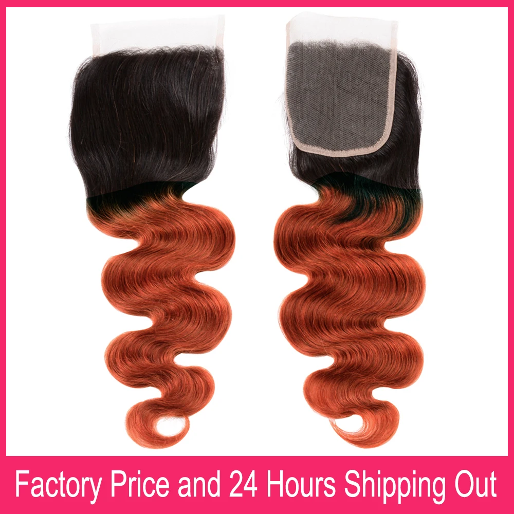 Ombre Orange Human Hair Bundles With Closure Brazilian Body Wave 1B/350 Human Hair Weaving And 4x4 Swiss Lace Closure Free Part