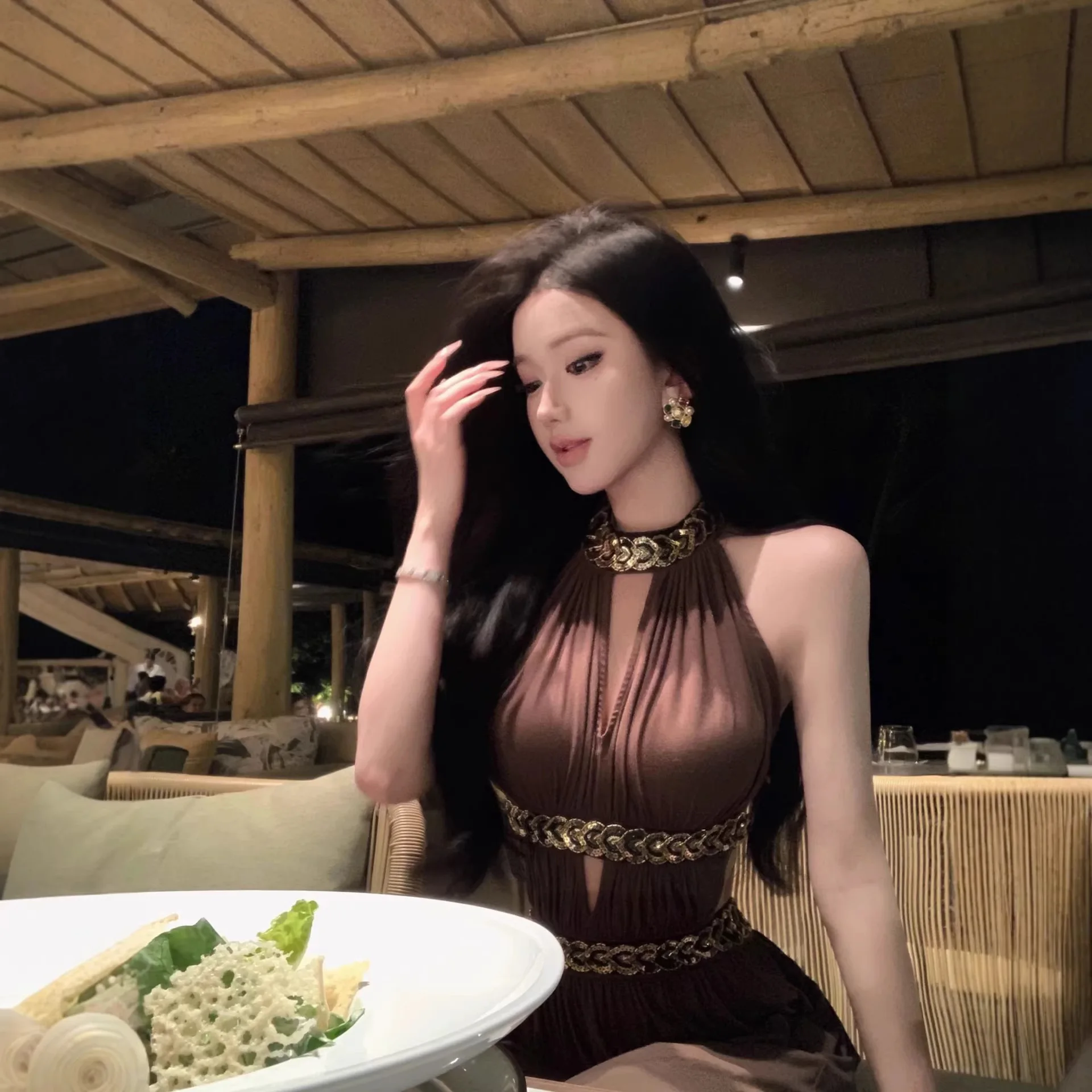 Brown Halter Neck Maxi Dress with Gold Chain Cutout Sleeveless Evening Party Clubwear for Women