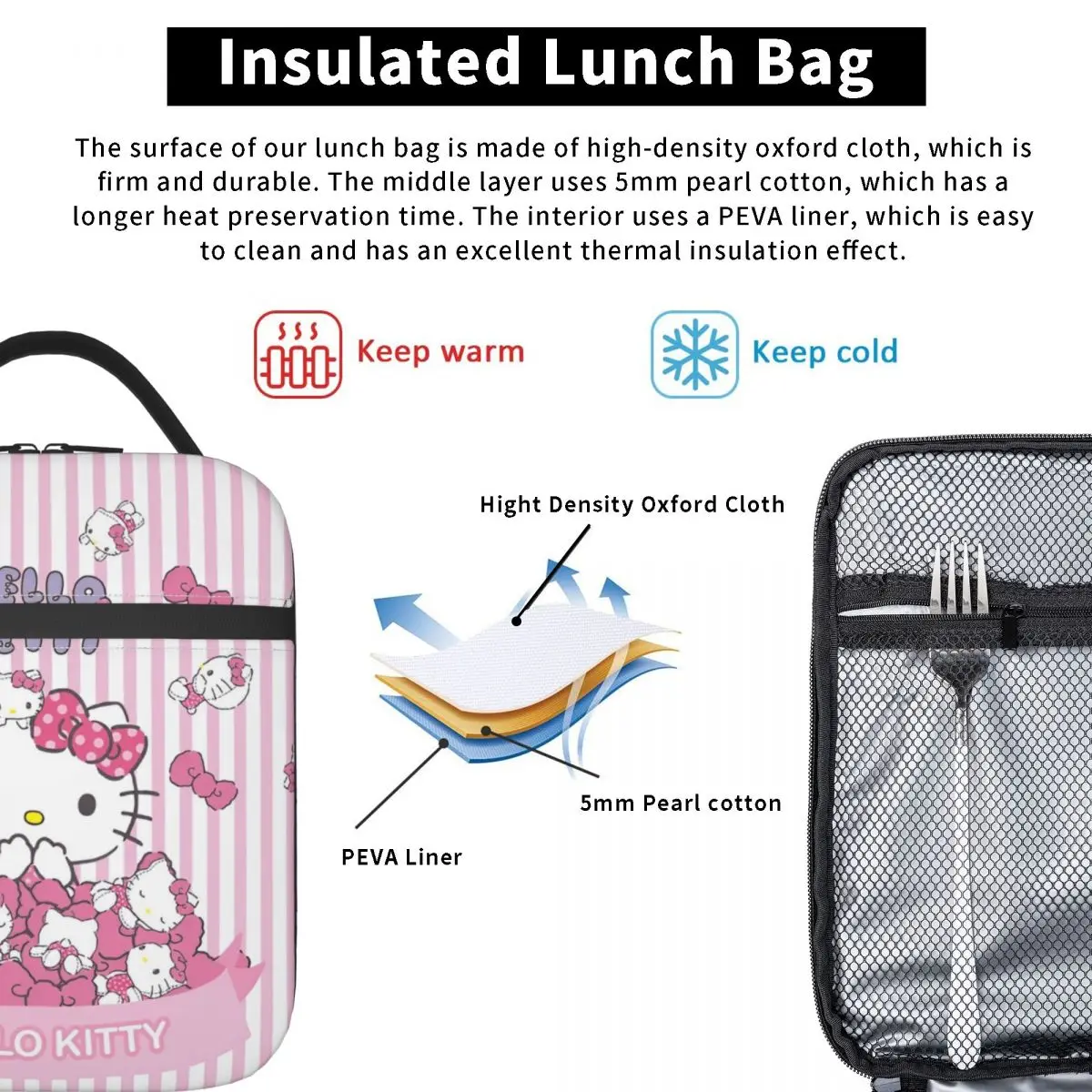 Pink Hello Kitty Cats Cartoon Insulated Lunch Bags Storage Food Box Portable Thermal Cooler Lunch Boxes For Work