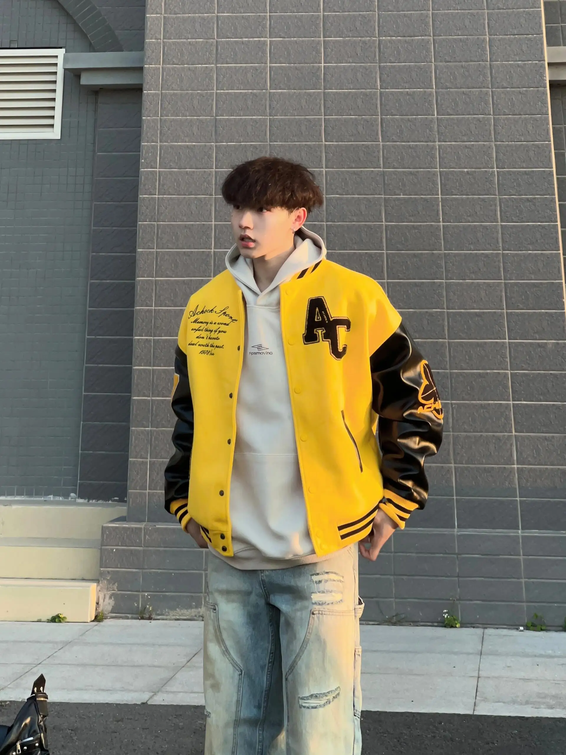 

Американский Sle, повседневная бейсбольная куртка с вышивкой букв, мужская одежда оверсайз, свободная посадка, весенне-осенняя уличная одежда, полиэфирное волокно