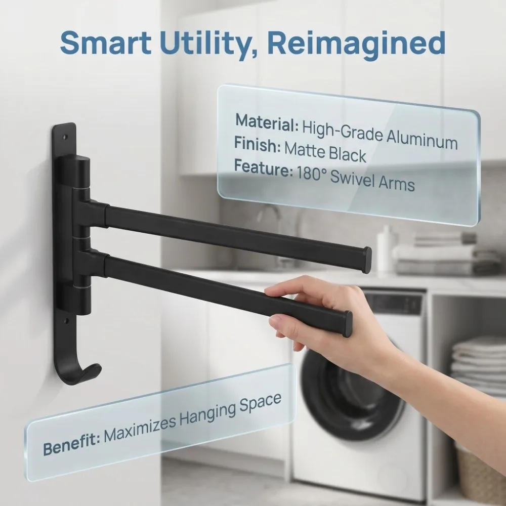 Aluminum Alloy Swivel Towel Rack Black Thicken Design Towel Bar Collapsible 2 Arms Rotating Towel Rack Household Use