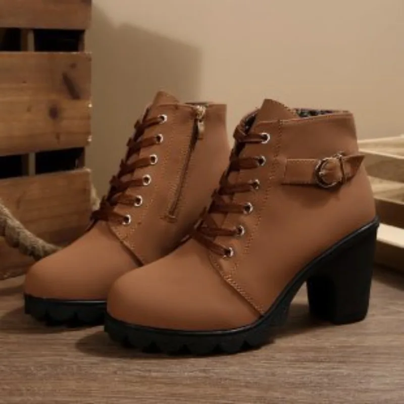 Women Ankle Boots Leather PU Elegant Mid Heels Retro Short Boots Fashion Pointed Toe Lace-up Black Summer Boots Plus Size 35 43