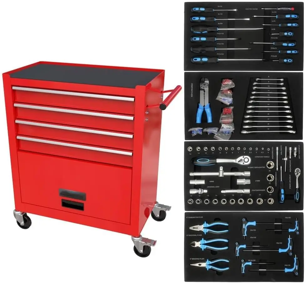 Chest with 233 Pcs Tool Sets,4 Drawers Multifunctional Tool Cart On Wheels, Heavy-Duty Metal Tool Box Storage Cabinets for Garag