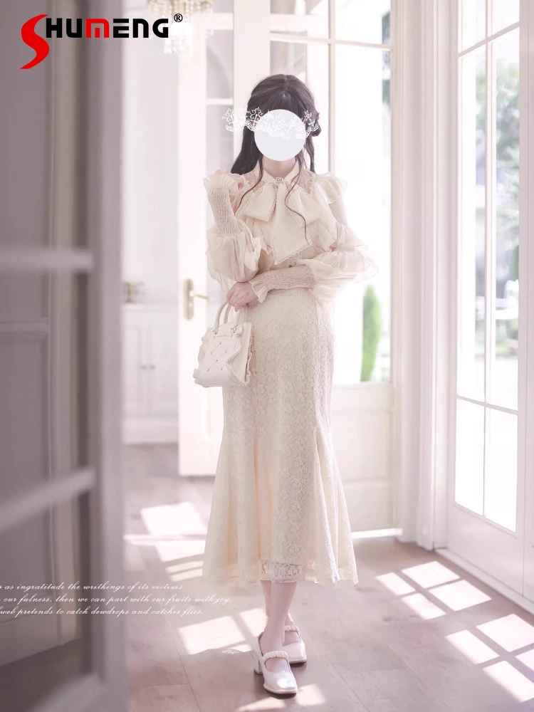 Conjunto de dos piezas de camisa y falda de manga larga japonesa Mine Lolita para mujer, falda de sirena de encaje dulce y elegante, primavera y otoño