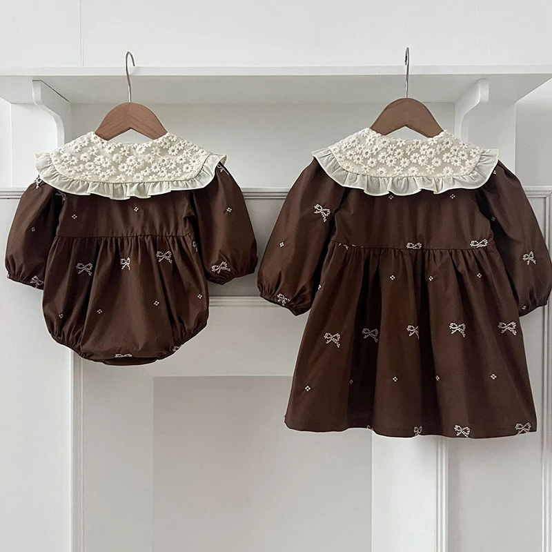 2024 New Autumn Sister Dress 2-6Yrs Girl Party Dress Long Sleeved Cotton Embroidery Baby Girl Romper Kids Princess Dresses
