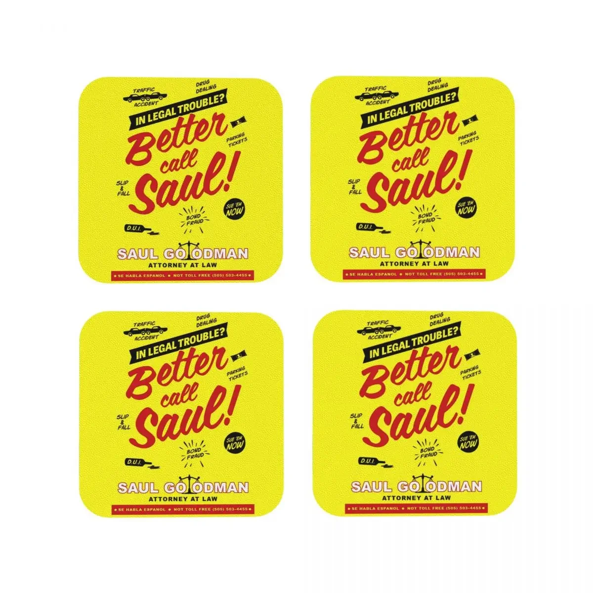 Better Call Saul Coasters Coffee Mats Set of 4 Placemats Cup Tableware Decoration & Accessories Pads for Home Kitchen Dining Bar