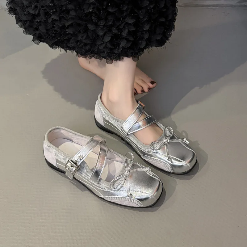 

2026 New Retro Silver Mary Jane Shoes Women Cross Strap Bow Ballet Style Flat Casual Shoes