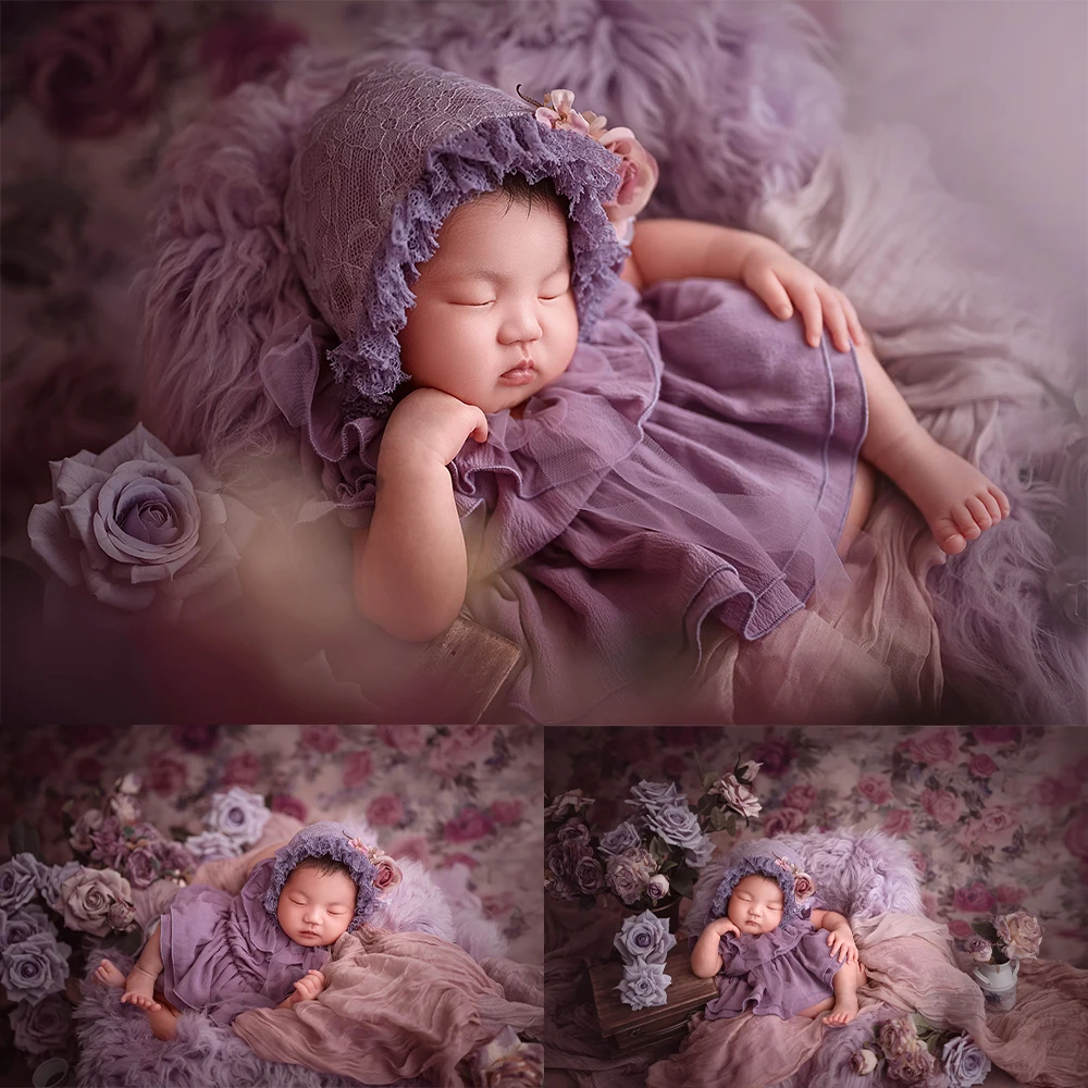 French Vintage Newborn Photography Props Set Purple Lace Bonnet&Baby Photo Dresses Studio Baby Aesthetic Photo Shoot Decor Props