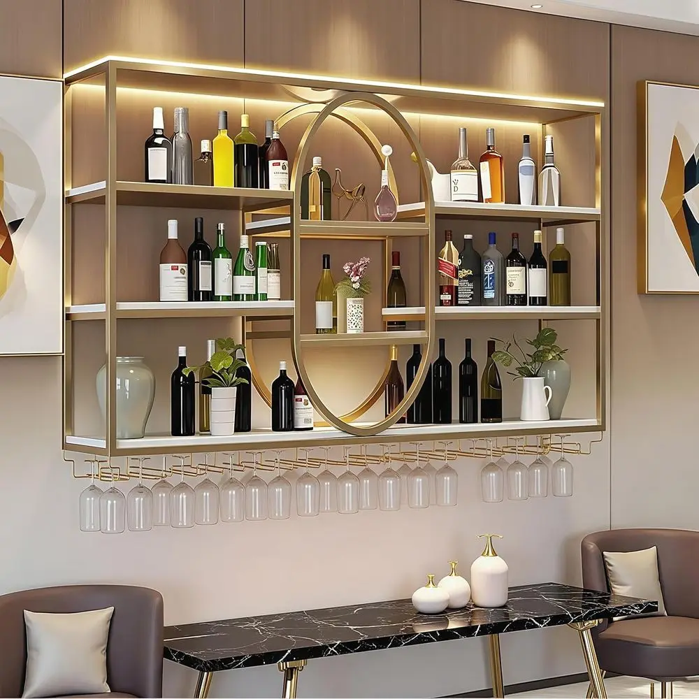 

4-Tier Metal Wall-Mounted Wine Rack with Glass Holder, Elegant Gold Finish for Home Bar or Dining Room