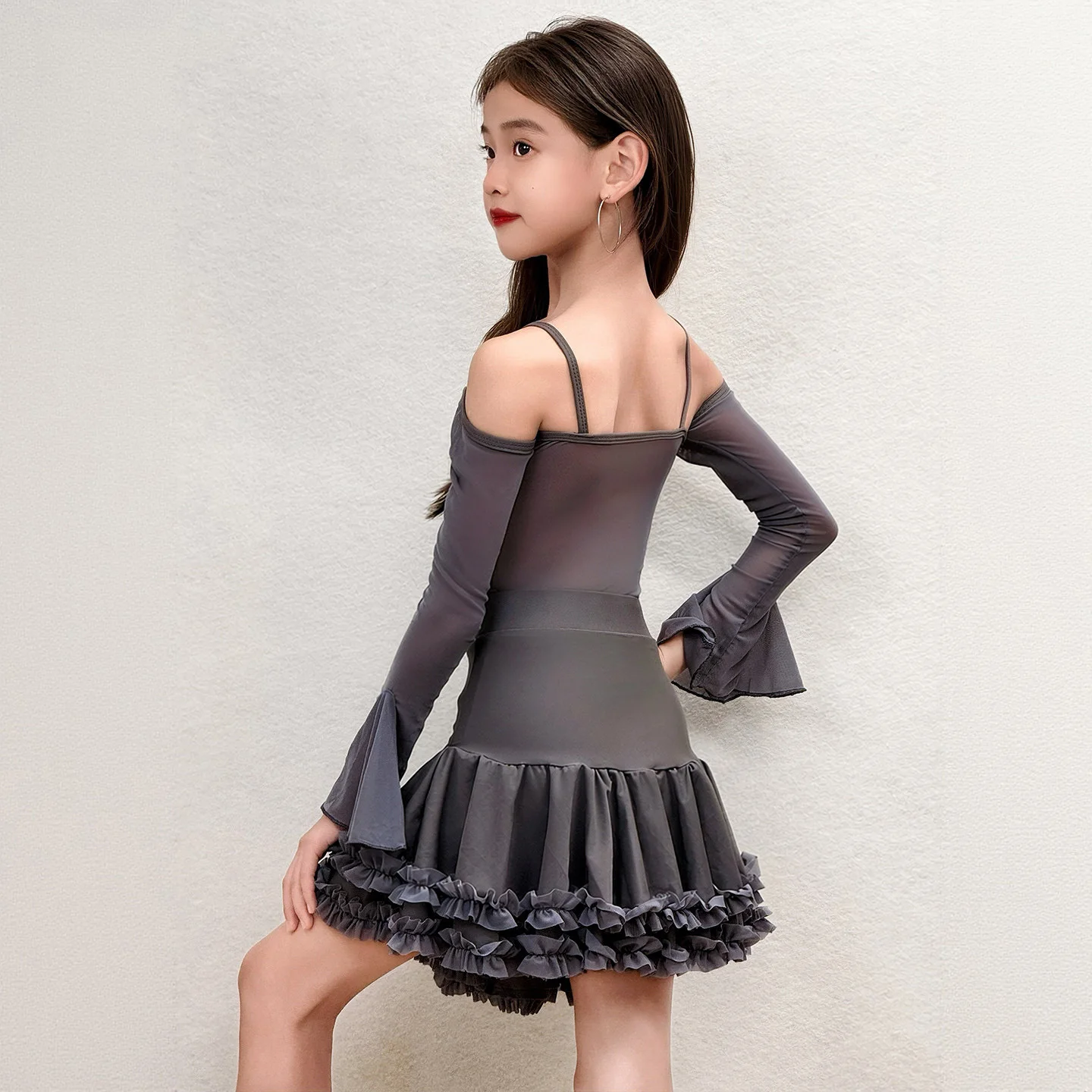 gray-children's-latin-dance-practice-clothes-kids-girls-performance-cutout-shoulder-mesh-leotard-bodysuit-and-ruffles-skirt