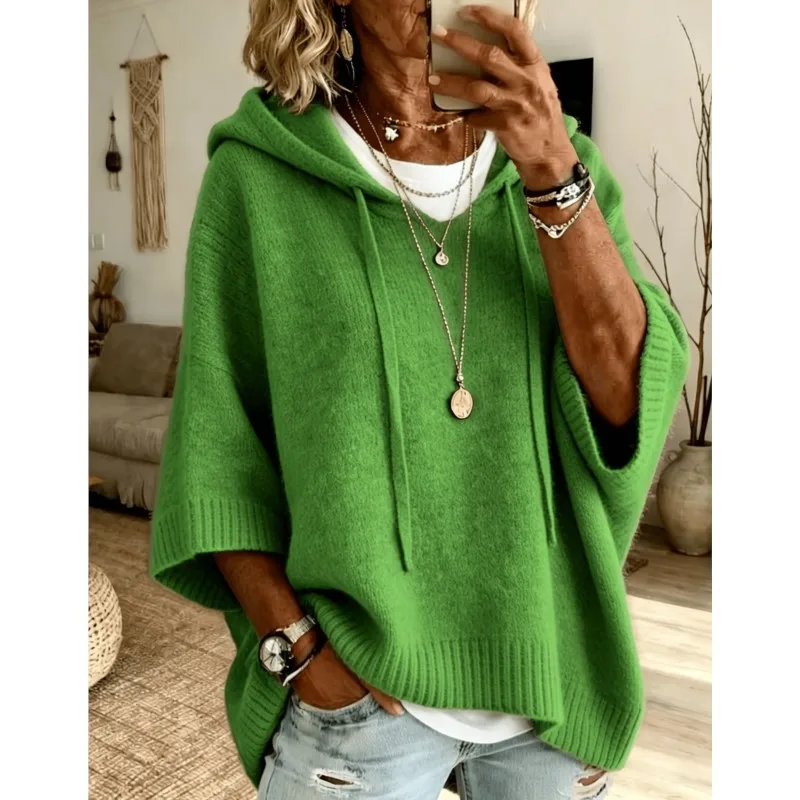Solider gestrickter Kapuzenpullover für Damen, Herbst- und Wintermode, lockeres Design mit Schnürung, warmer, vielseitiger Büro-Pullover für Damen