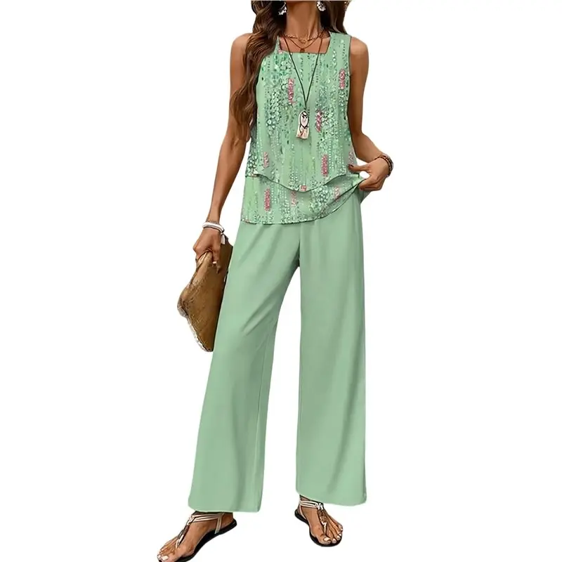 

CYL-Женский комплект из двух предметов: топ без рукавов с квадратным вырезом и широкие брюки, повседневный свободный крой, с принтом