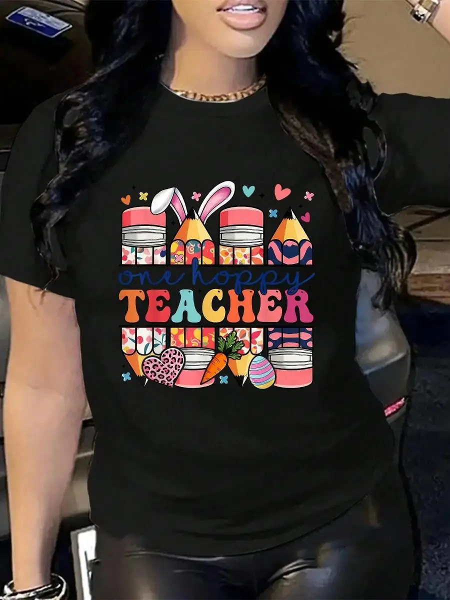 100_ Cotton One Hoppy Teacher Cute Bunny Easter Day Pencil Teacher Kids T-Shirt Men s Women s Soft Breathable Tee Classic Fashion Summer Tops Pri