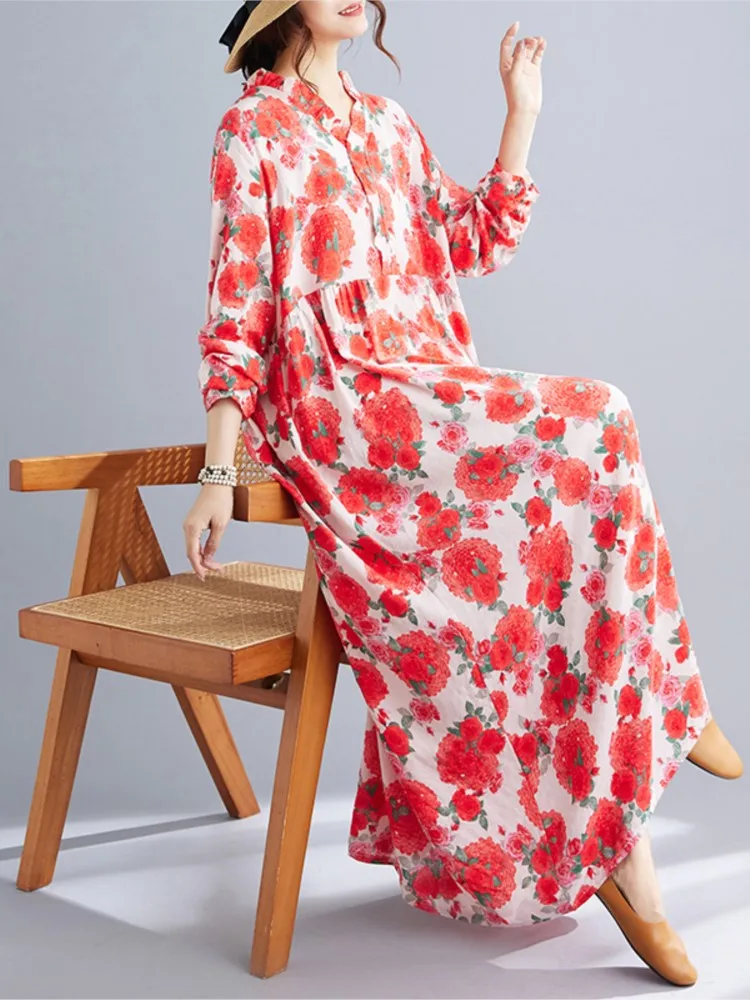 เดรสผ้าฝ้ายสไตล์โบฮีเมียนทรงหลวม แขนยาว ลายดอกไม้ สำหรับผู้หญิง