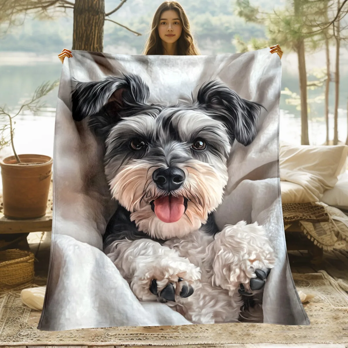 1pc Schnauzer dog portrait realistic pet fleece blanket soft warm throw for dog lovers home decor pet gift cozy cover