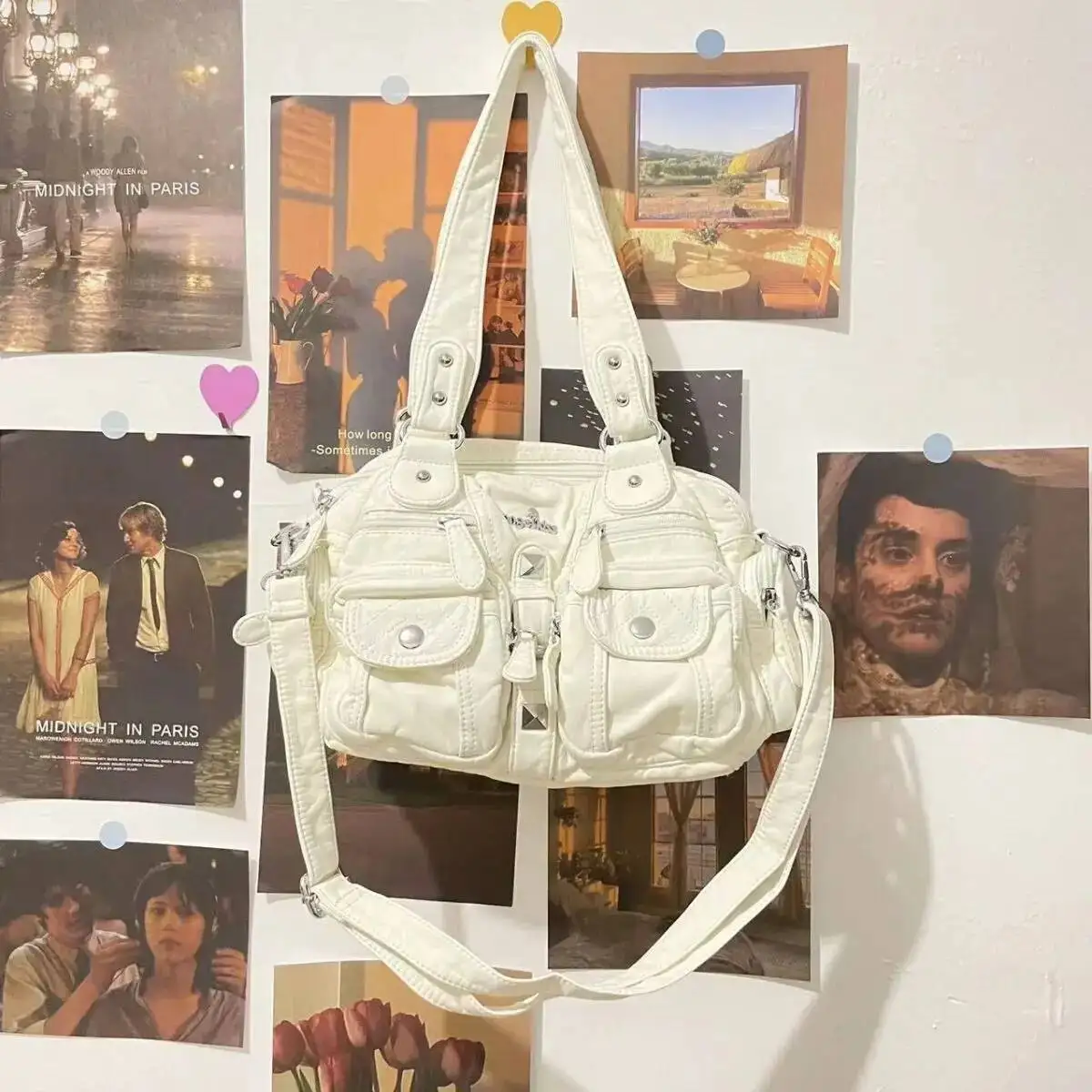 Bloom Vintage White Y2k Messenger Bag Purse Women Hot Girl Pu Leather Casual Shoulder Bags Female Haruku Aesthetic Handbag