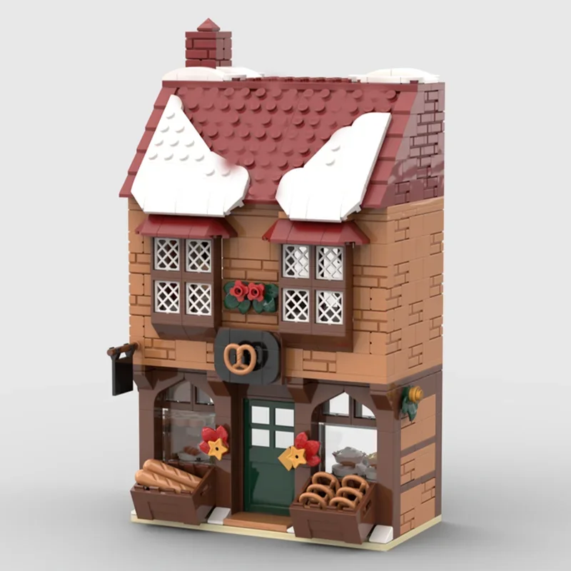 

603 шт. новая модель здания MOC, средневековая зимняя деревня, пекарня, модульные детские строительные блоки, игрушка, подарок на праздник