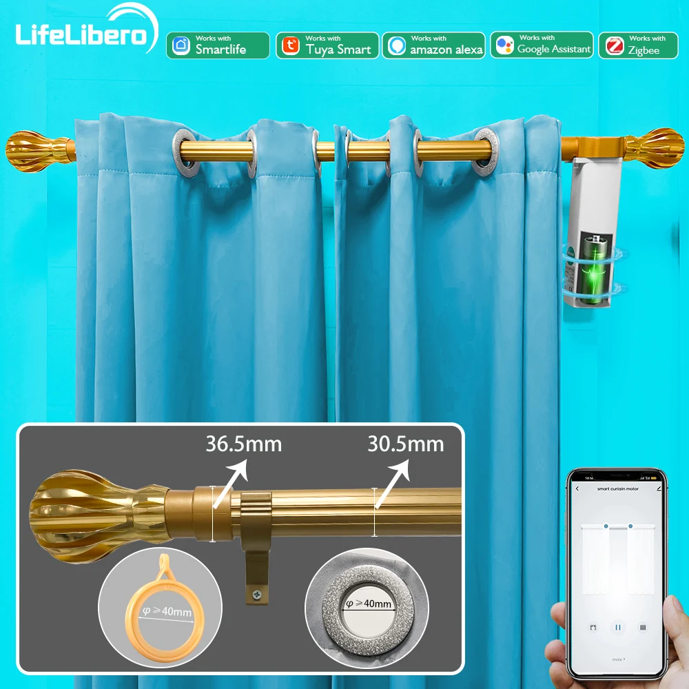 LifeLibero-Kit Cortinas Inteligentes Motor, Faixa Cortina Elétrica, Trilho Sistema Automático, Tuya Zigbee Bateria, Suporte Alexa, Roman Rod