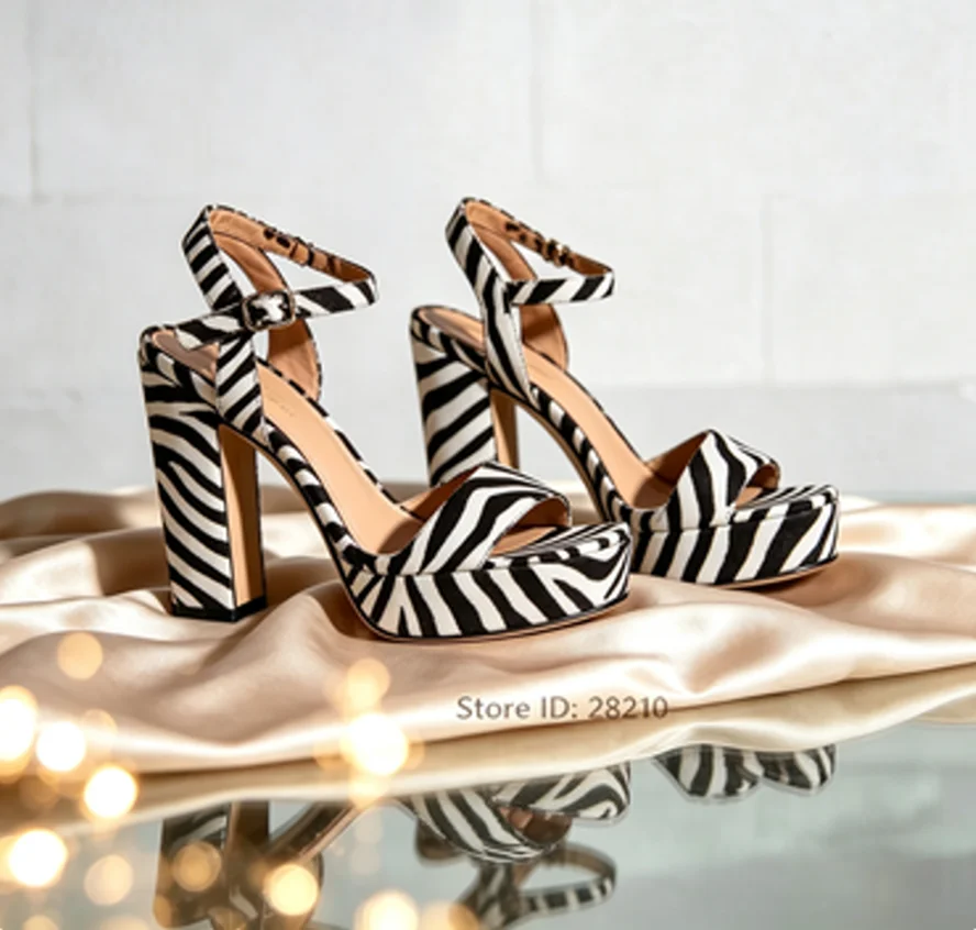 Leopard Print Ankle Wrap Crystal Chunky Heeled Platform High Heel Sandals Women Shiny Straps Block Heeled Summer Shoes