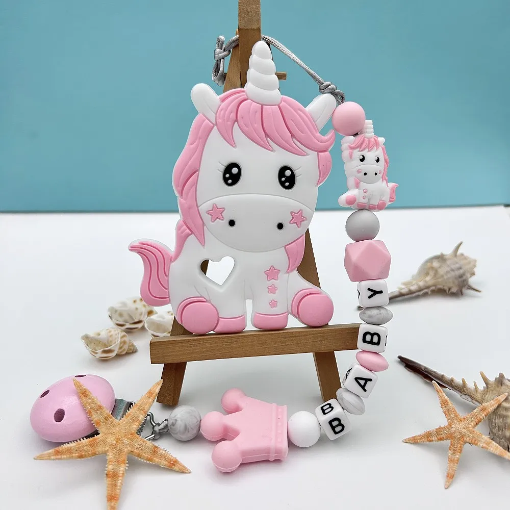 Dostosowane angielski rosyjski alfabet nazwa jednorożec klips do smoczka łańcuszki gryzak dla niemowląt niemowlę smycz do żucia sutek Kawaii gryzak