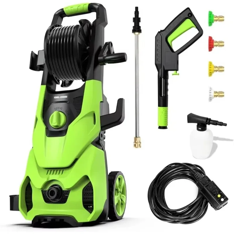 Rock&Rocker Powerful Electric Pressure Washer, 2150PSI Max 2.6 GPM Power Washer with Hose Reel, 4 Quick Connect Nozzles, Green