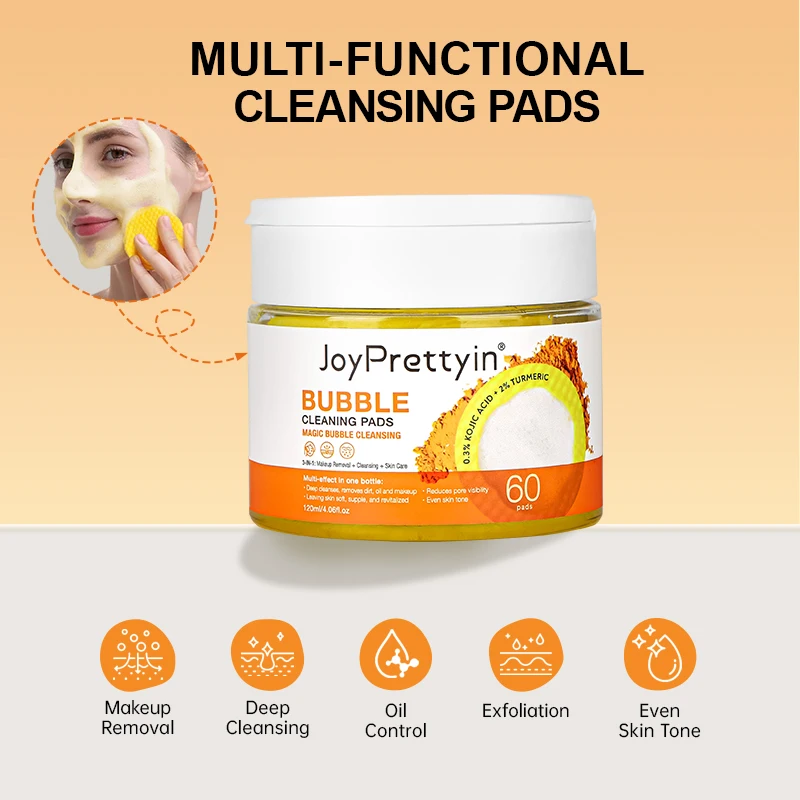 JoyPrettyin Bubble Cleansing Pads Turmeric Kojic Acid Makeup Remover 60PCS Blackhead Exfoliating Cotton Facial Skin Care