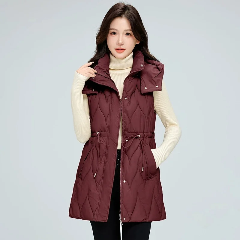 

Autumn Winter Women Down Cotton Vest New Fashion Hooded Mid-Long Sleeveless Vest Jacket Female Waistcoat Outerwear Chaleco Mujer