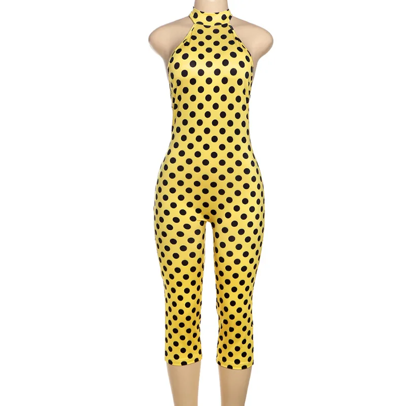 Polka Dots Print Lace Up Halter Backless Skinny Knee Length Jumpsuits Women Sexy Sleeveless Ruched Peach Hips Rompers Overalls