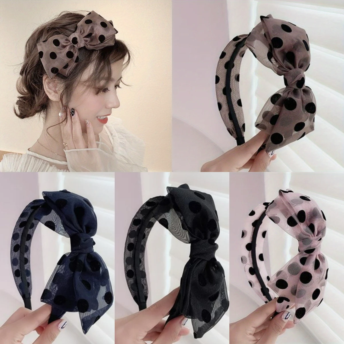 

Bowknot Wide Mesh Polka Dot Hairband for Women Girls Non Slip Hair Hoop Elegant Headband Daily Makeup Wash Face Hair Accessories