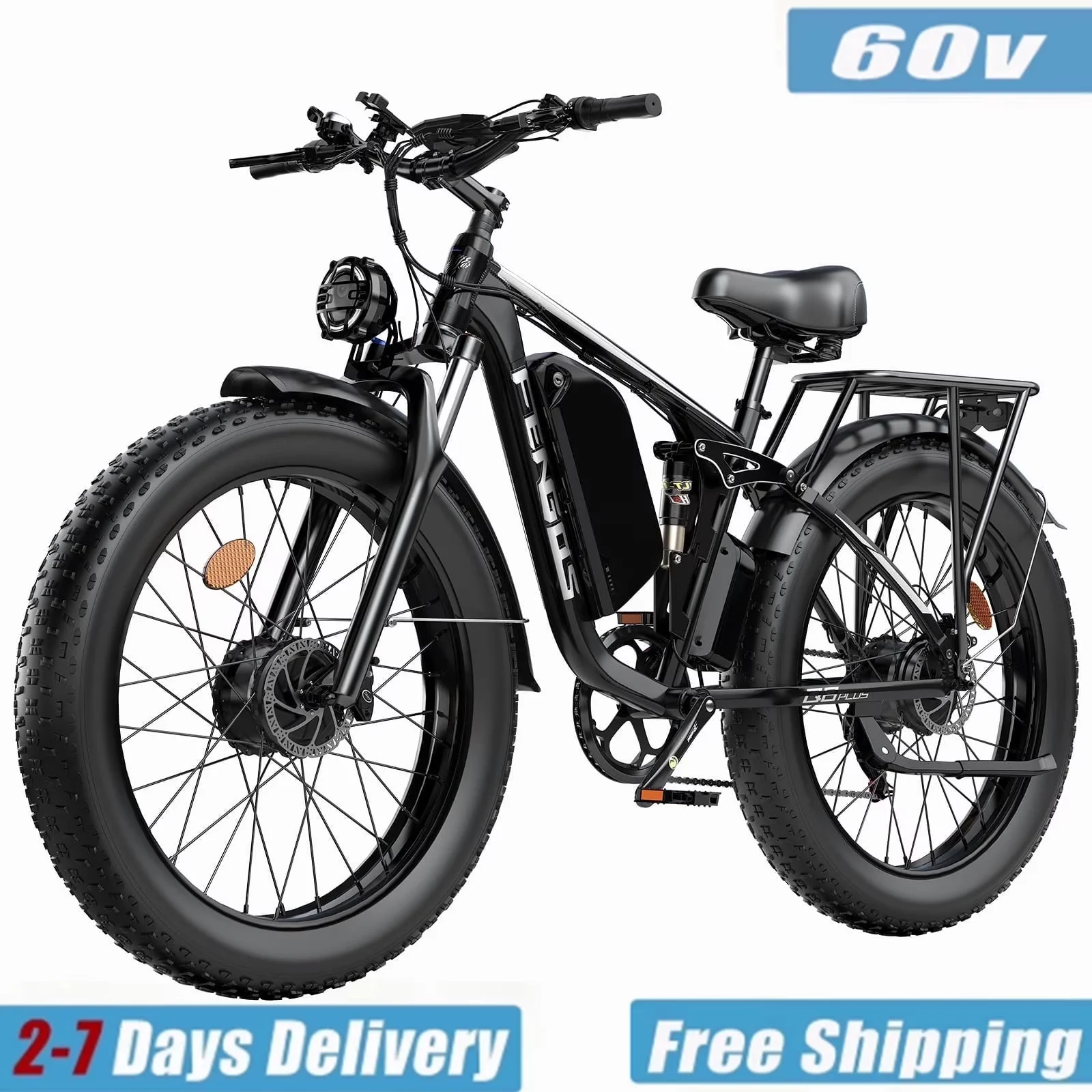 FENGQS Q8 PLUS Dual Motor Electric Bike for Adults, Peak 6000W 60V 1200Wh Removable Battery, 40-100 Miles Long Range Fat Tire E-Bike, Full Lockable Suspension, 7 Speed, 4+2 Riding Modes, 45MPH, 40° Climbing Off Road Electric Bicycle US Warehouse` image 11