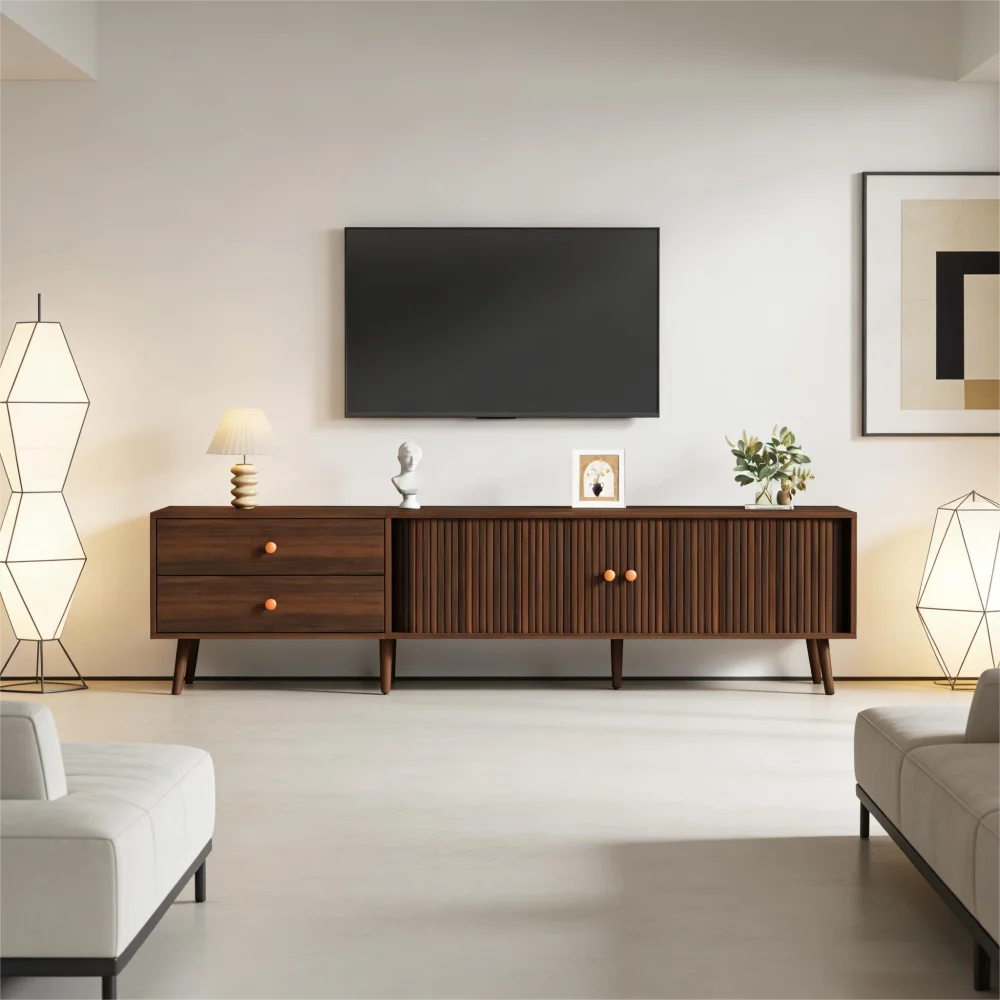 180x40x46,5cm TV-Schrank in Walnussholz-Optik, Fernsehständer mit 2 Schubladen, 2 Rolltüren und 7 Ständern, für Fernseher bis zu 80 Zoll – Detail 5