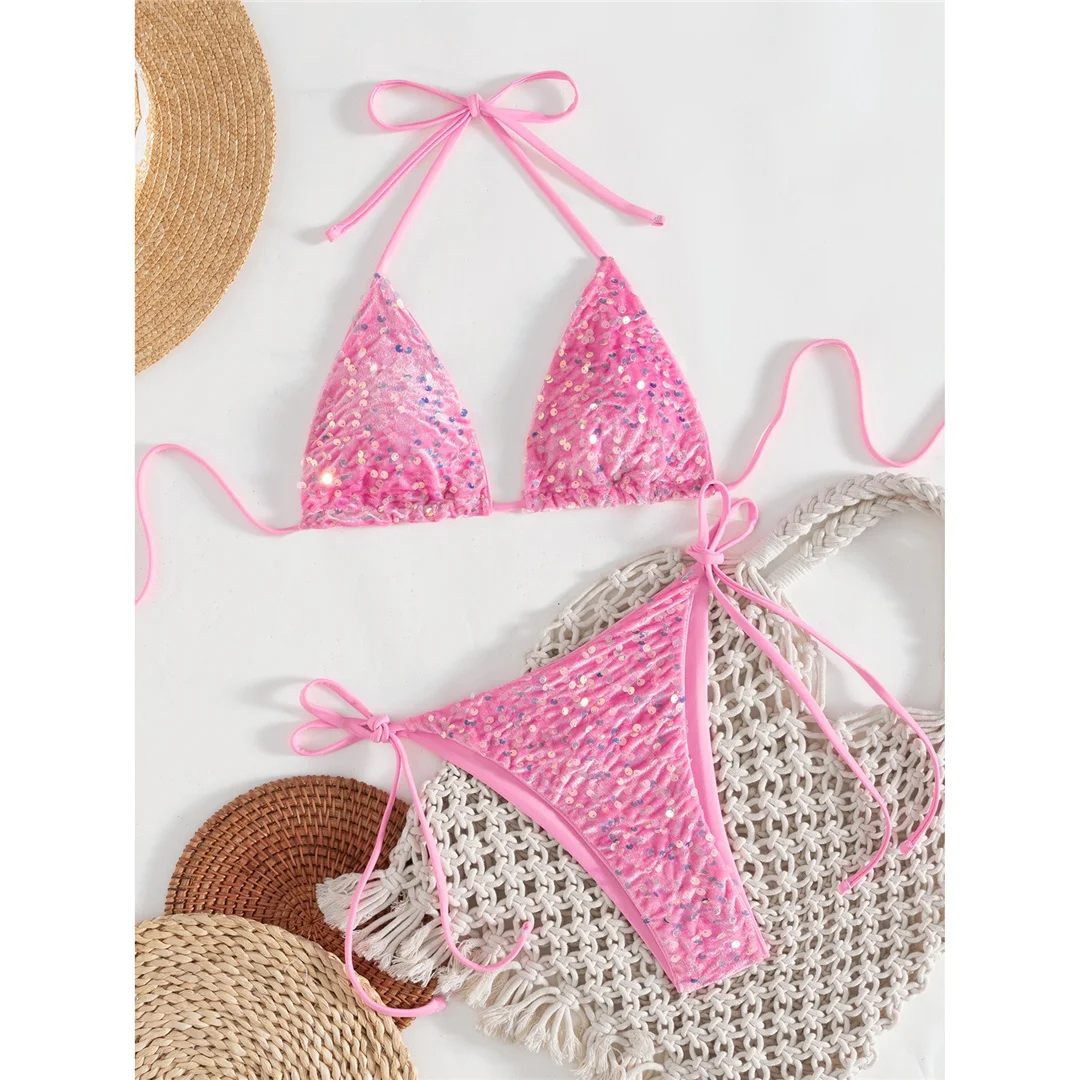 Pailletten-Bikini mit Neckholder, Damen-Badebekleidung, zweiteiliges Bikini-Set, mit Trägern, hoch geschnitten, Badeanzug, Badebekleidung, Modell V8326. – Detail 3