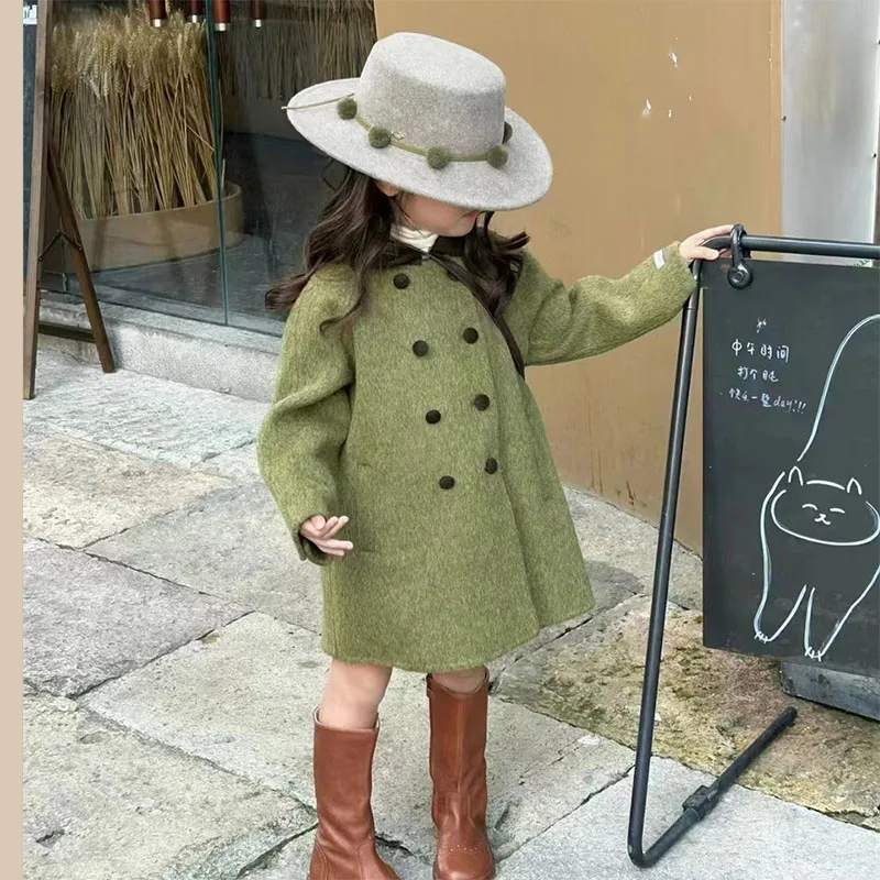 2023 Korean Style Autumn Winter Baby Girls Army Green Double-Sided Woolen Coat Children's Winter Outwear Fashion