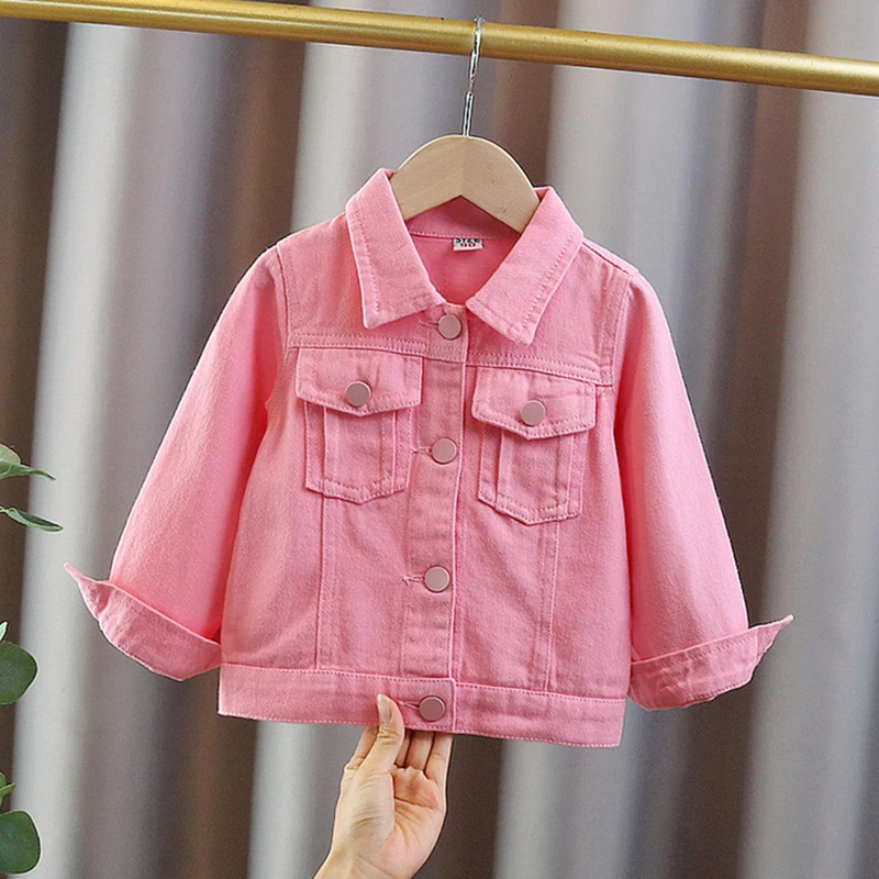Elegant Baby Girls Pink Denim Jacket Coat with Front Pocket for Toddler Child Jean Outerwear Jacket Overcoat Cardigan Outfit Top