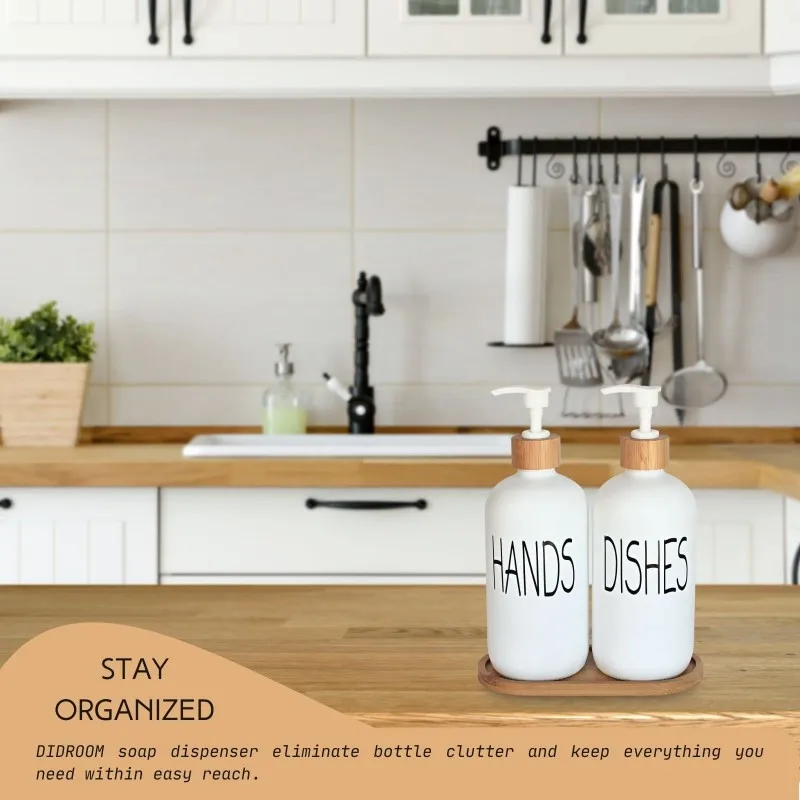 A01F-Glass Soap Dispenser Set With Bamboo Tray-Pump For Hand And Dish Soap-Dishwasher Faucet& For Kitchen Sink And Bathroom