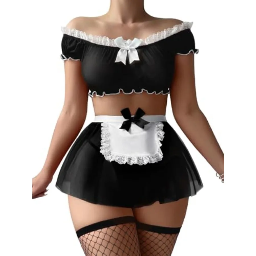 

Sexy Maid Mini Skirt Lace Mesh Sheer Stockings Lingerie Halloween Costume Cosplay Outfit Set with Thong 4 Pcs
