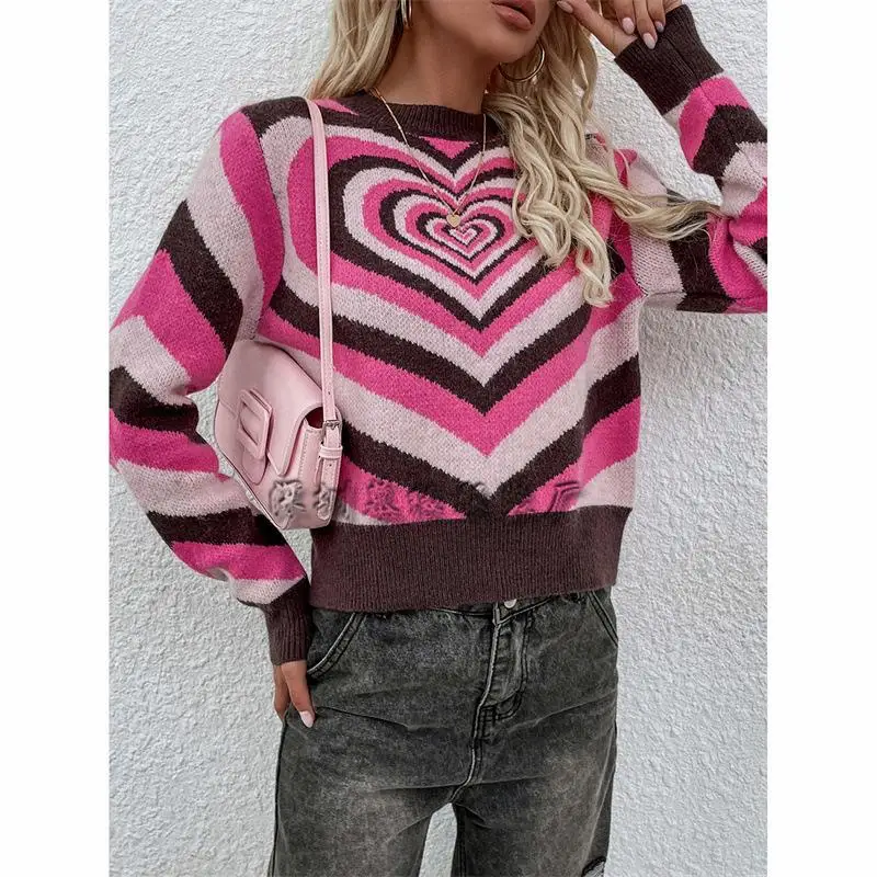 

Женский вязаный круглый свитер Ne в форме сердца, длинный светящийся осенне-зимний модный топ в трансграничную полоску