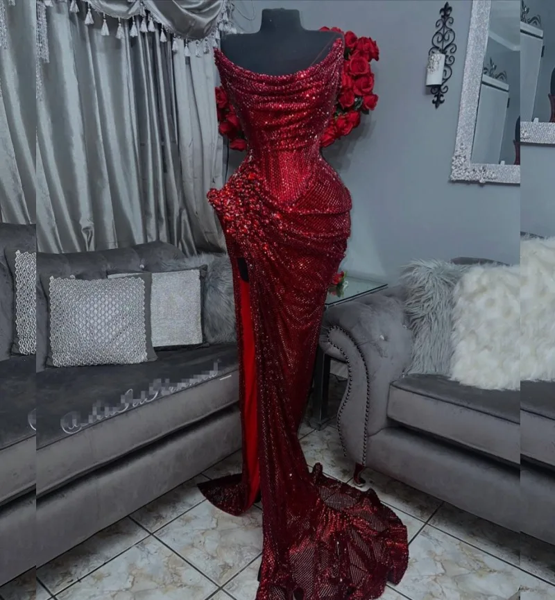 Weinrote ärmellose Ballkleider für afrikanische Mädchen, luxuriöse Kristall-Pailletten, hoher Schlitz, langes Meerjungfrau-Partykleid 2025, weiblich, individuell