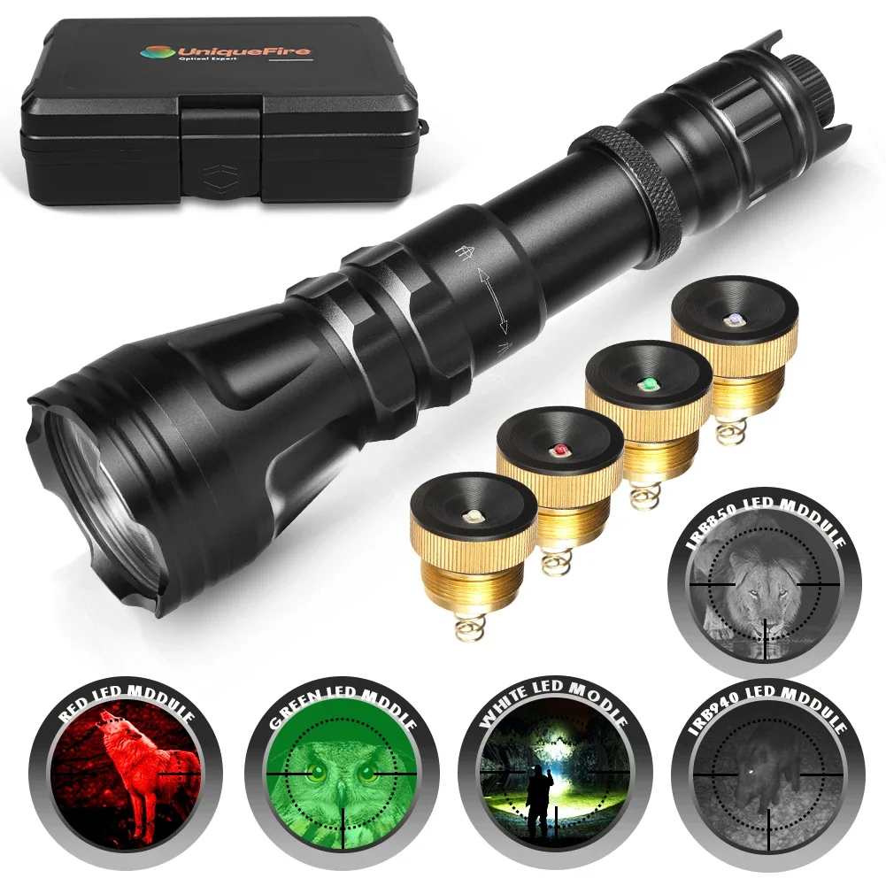 UniqueFire 2001D Vcsel 940NM 850NM IR LED Flashlight Set+ Red Green White Light Zoom Fresnel Lens Night Vision Torch Hunting Kit