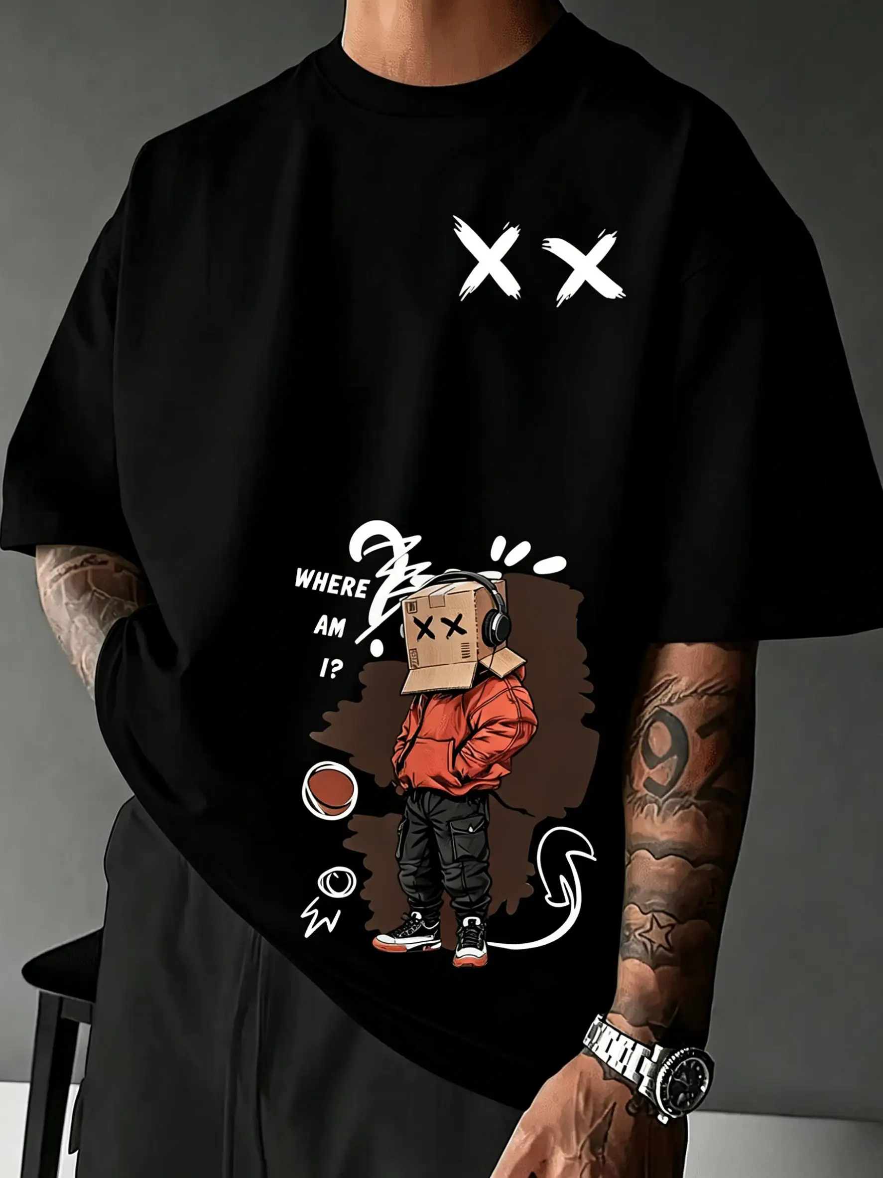 American men's summer teddy bear letter graffiti print micro elastic breathable round neck T-shirt outdoor street top