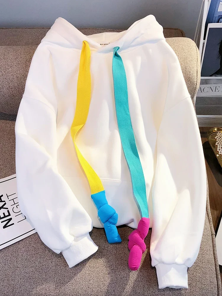 Korean Style Sense Color Ribbon Hoodie Coat 2022 Spring and Autumn New Loose Leisure Slimming Mid-Length Sweatshirt Hoodies Top