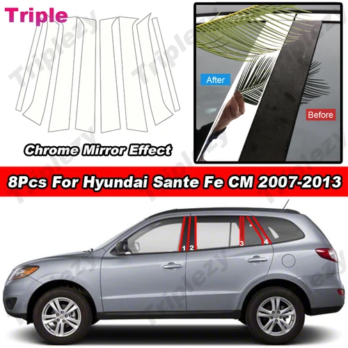 8 Uds. Pegatinas cromadas brillantes para puerta y ventana de coche, embellecedor de columna media, decoración de poste de Pilar B C para Hyundai Santa Fe CM 2007-2013