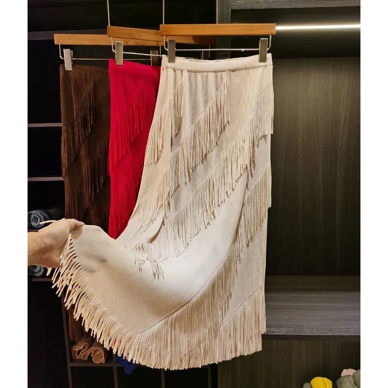

Miyake Pleated Skirt 2026 High-End Spring Summer Commuter Jupe Niche Design Cutting Tassel Versatile Pleats Elastic Waist Skirt