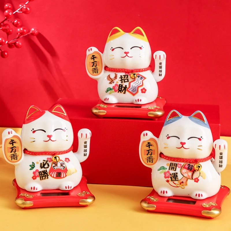 4.2 Inch Ceramic Beckoning Cat Waving Hand Maneki Neko Ornament Fortune Cat Figure Solar Powered or Battery