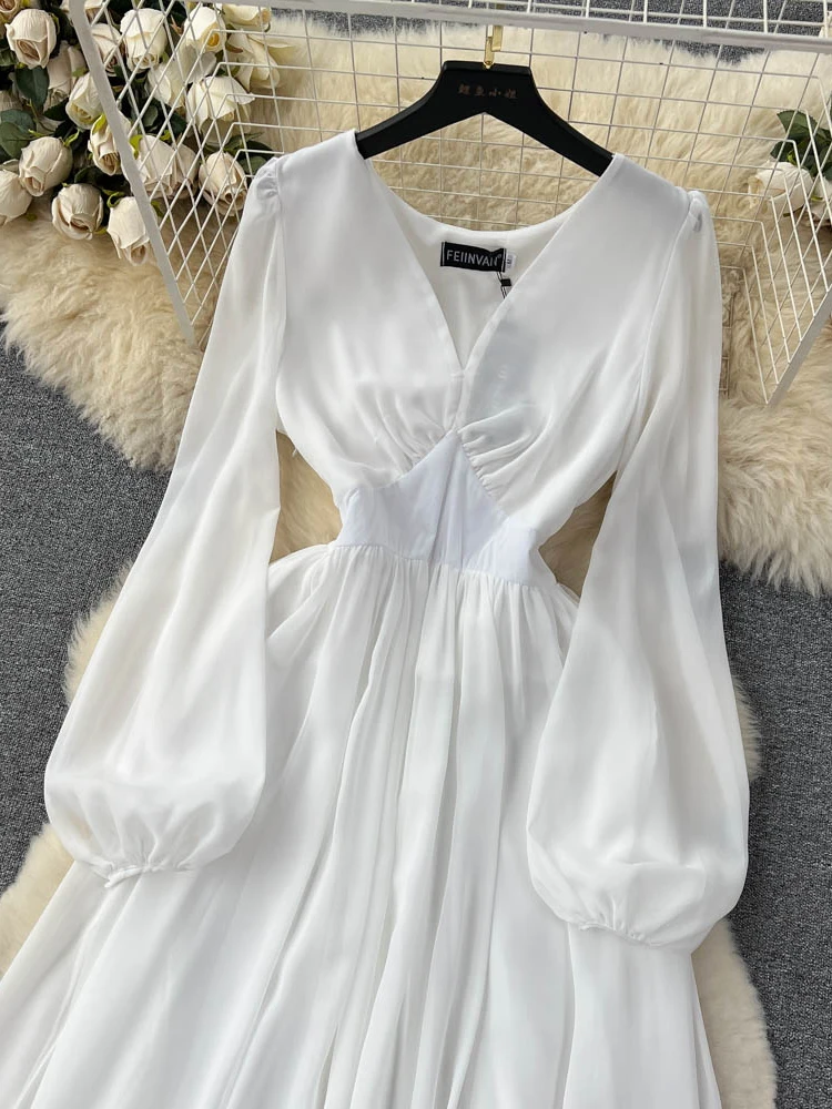 Women White Mesh Dress Spring Summer Sexy V-neck Lantern Long Sleeve Sheer Long Dresses Ladies Elegant A-line Party Long Robe