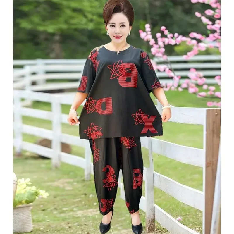 13XL Women Suit Loose Casual Summer Clothes Middle Aged Grandmother short sleeve Print T-Shirt Tops @ Wide Leg 2 Piece Set 2022