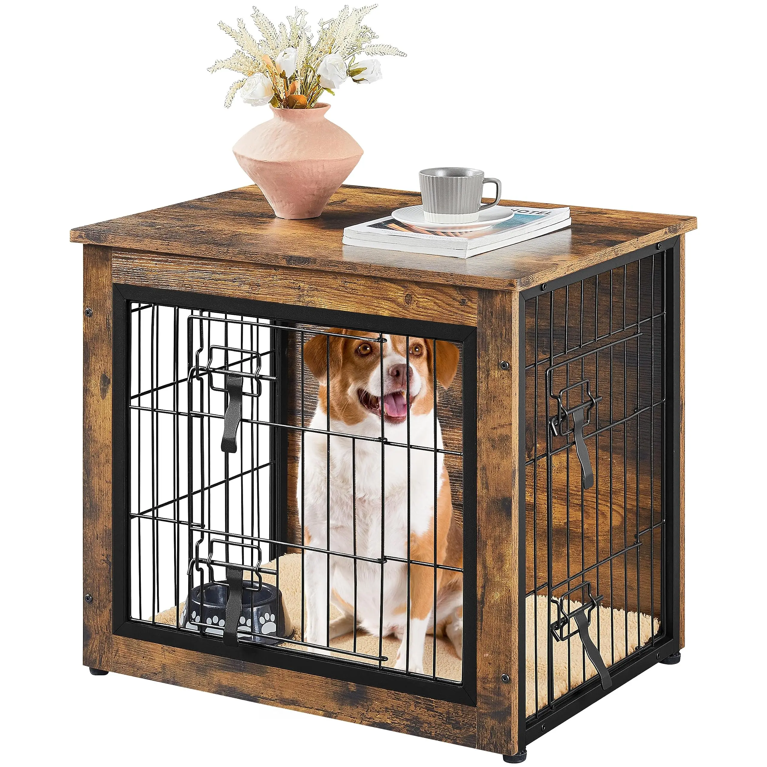 Furniture Style Dog Crate Side End Table Heavy-Duty Dog Cage with Mat Double-Door Dog House for Indoor Small/Medium