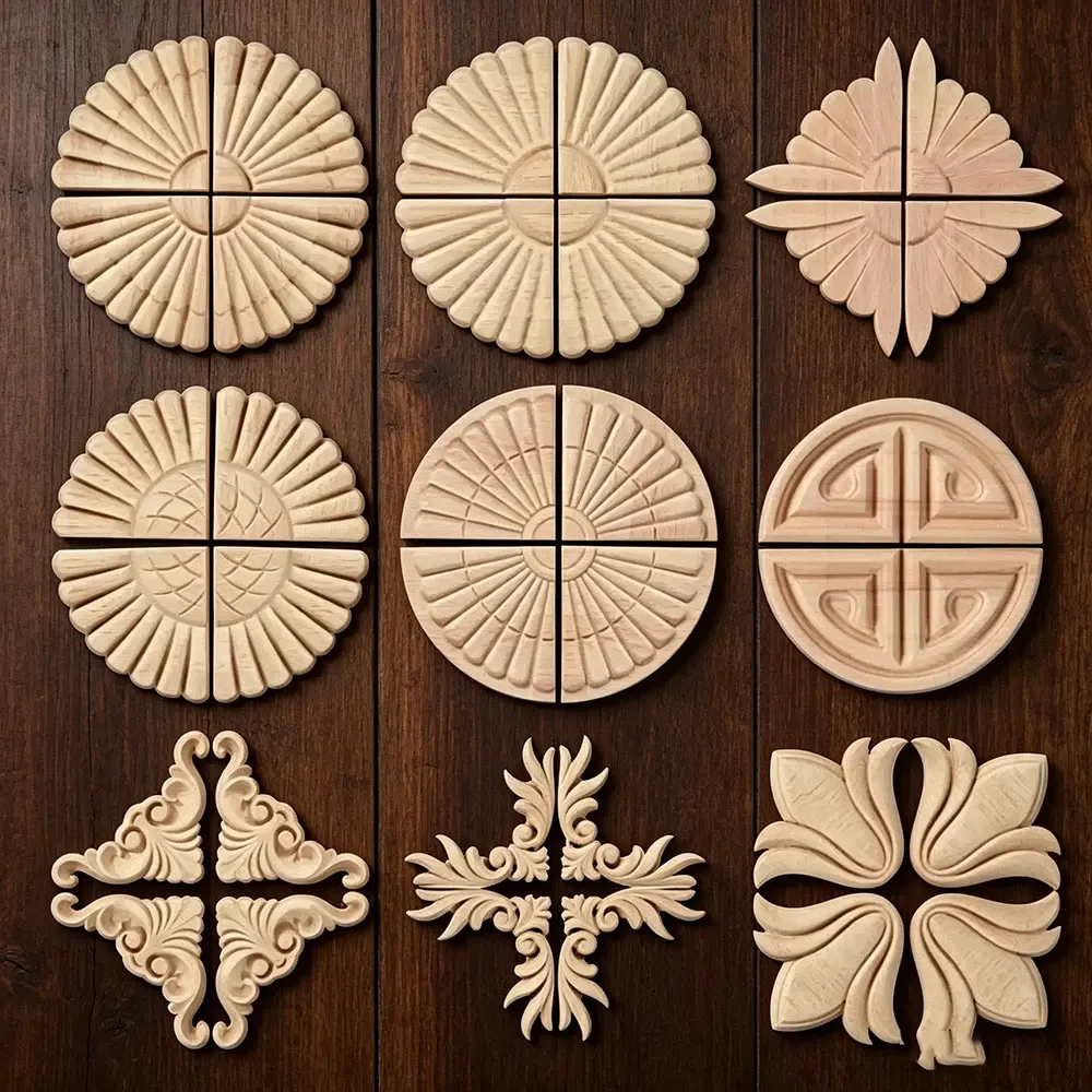 8PCS Wood Appliques for Furniture Cabinet Door Natural Decorative Wooden Moldings Decals Flower Wood Carving Figurines